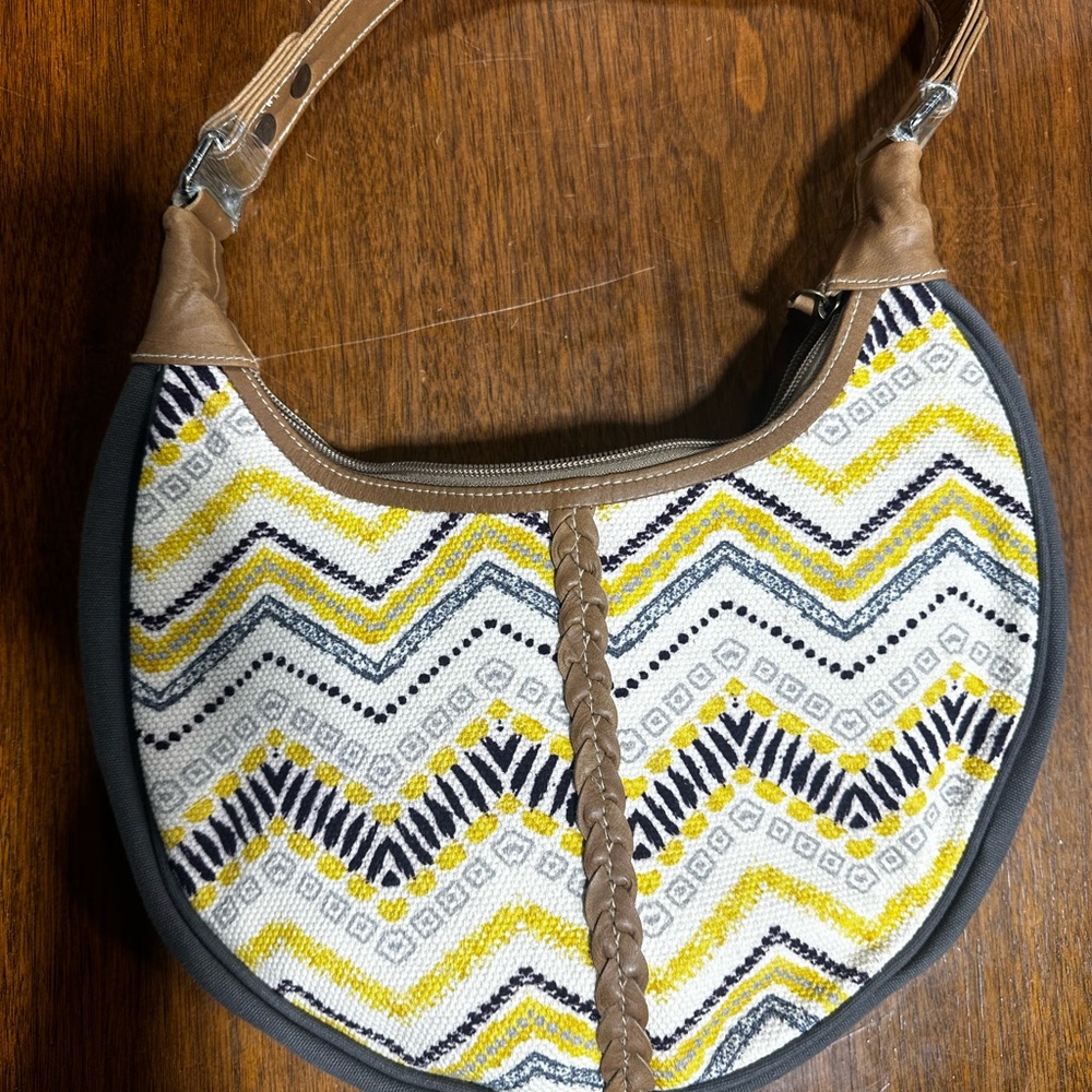 Rug, Canvas and Leather Shoulder Bag with Yellow Accents
